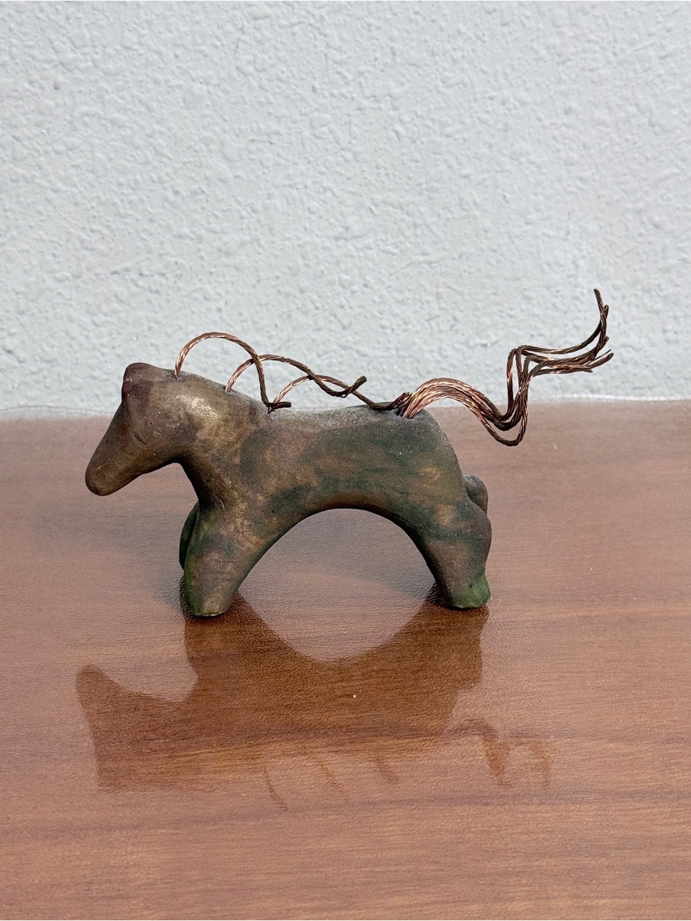 Vintage Handmade Raku Pottery Mini Horse Figurine with Copper Wire Mane Signed